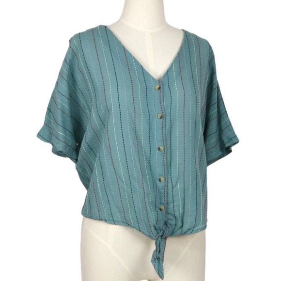 Falls Creek Light Teal Blue Button Down Embroidered Short Sleeve Blouse XL - Picture 1 of 10